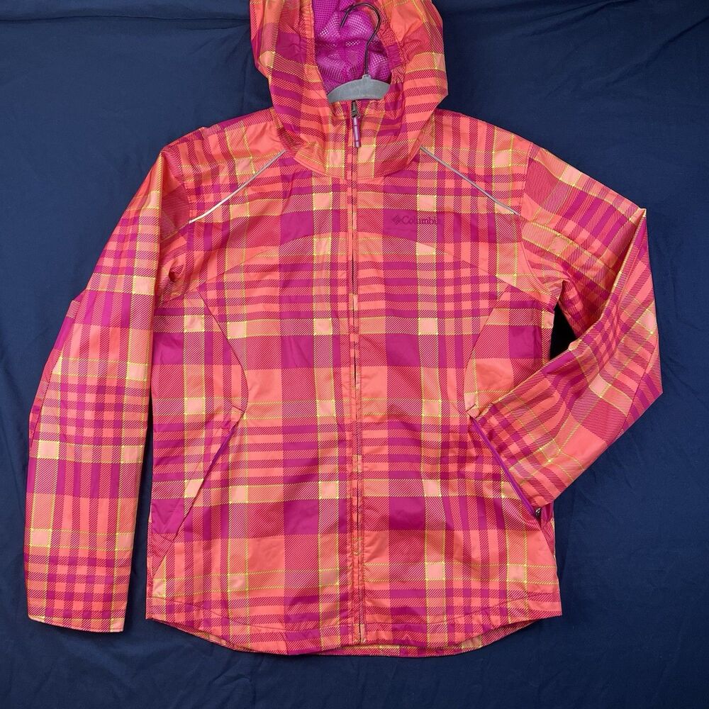Columbia Womens Plaid Hooded Full Zip Jacket Pink Purple Orange Size XL